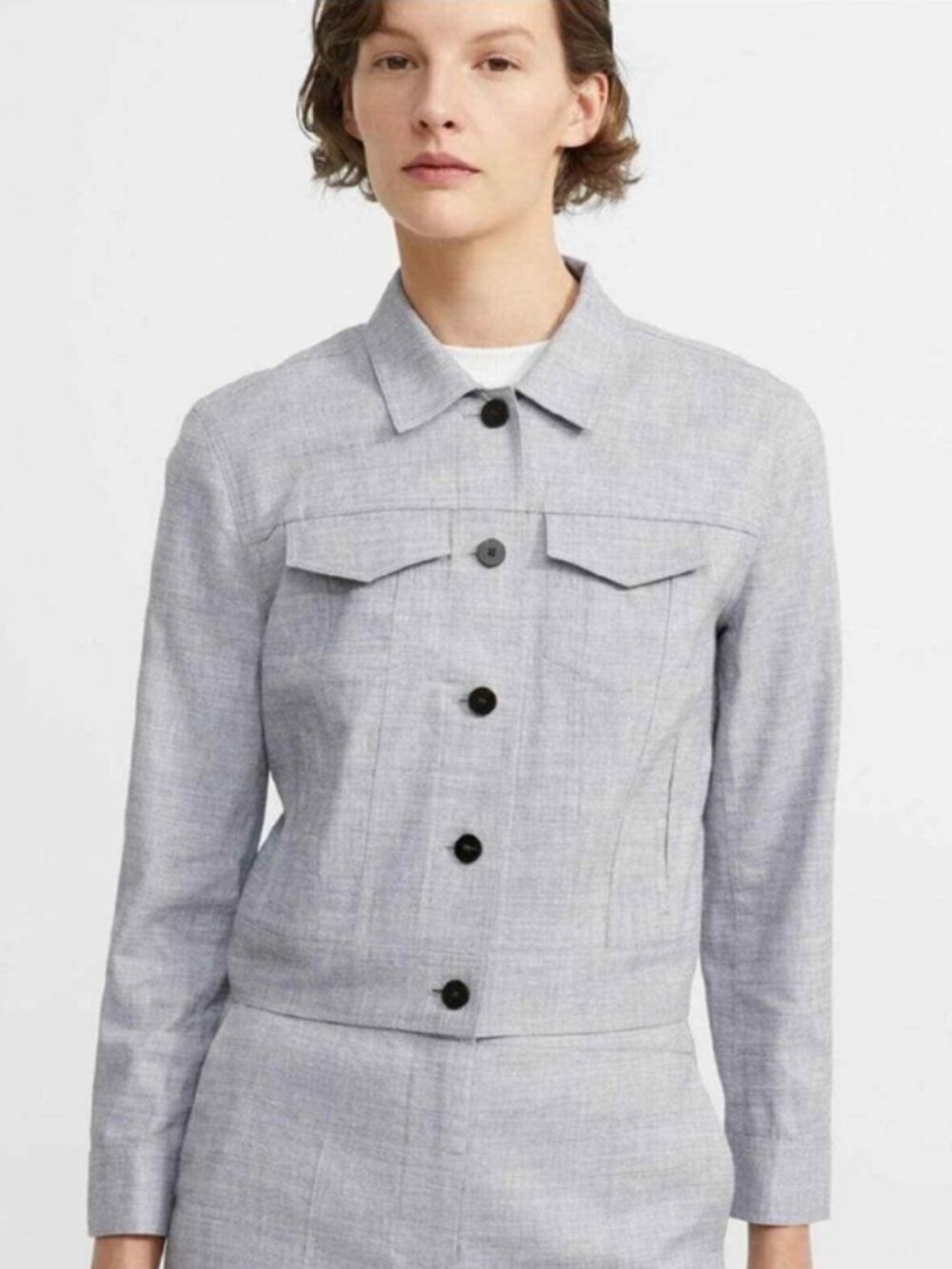 NWT $395 Theory Blue Gray Melange Good Linen Button Cropped Jacket